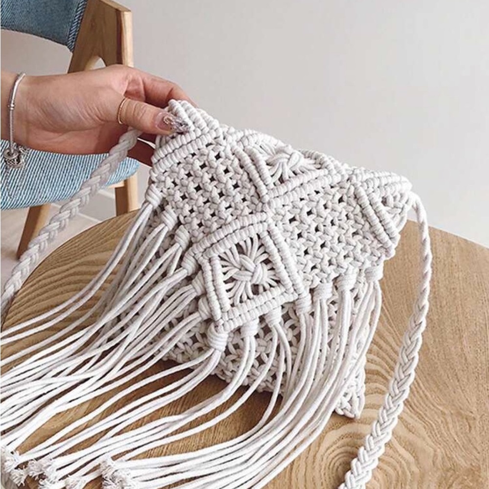 Elegant White Macrame Fringe Bag
